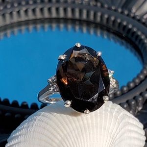 Sterling Silver Smoky Topaz & White Sapphire Ring Sz 6.75 Vintage